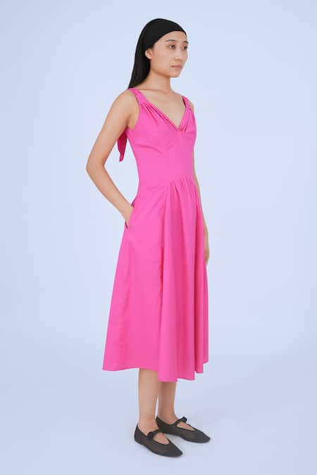 Buy Leh Studios Pink Cotton V-neck Solid Knot Dress Online at Aza Fashions Buy_Leh Studios_Pink Cotton V-neck Solid Knot Dress _Online_at_Aza_Fashions