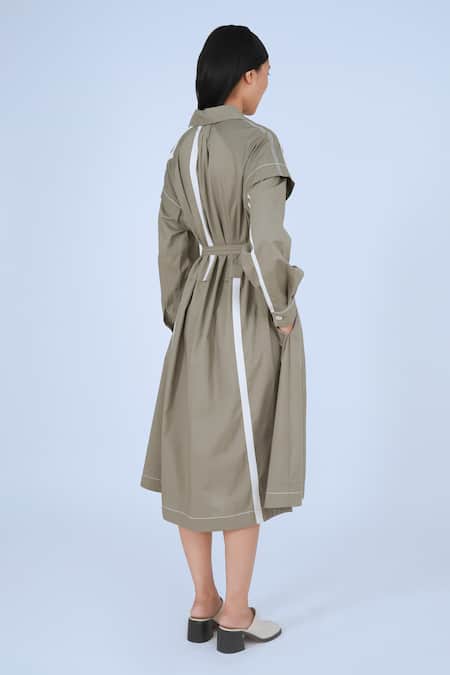 Shop Leh Studios Grey Cotton Collared Metro Broken Tape Pattern Jacket Dress With Belt at Aza Fashions Shop_Leh Studios_Grey Cotton Collared Metro Broken Tape Pattern Jacket Dress With Belt _at_Aza_Fashions