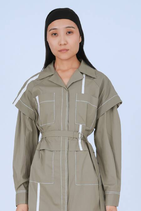 Leh Studios Grey Cotton Collared Metro Broken Tape Pattern Jacket Dress With Belt Online at Aza Fashions Leh Studios_Grey Cotton Collared Metro Broken Tape Pattern Jacket Dress With Belt _Online_at_Aza_Fashions