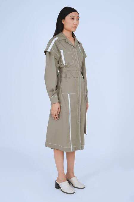 Buy Leh Studios Grey Cotton Collared Metro Broken Tape Pattern Jacket Dress With Belt Online at Aza Fashions Buy_Leh Studios_Grey Cotton Collared Metro Broken Tape Pattern Jacket Dress With Belt _Online_at_Aza_Fashions