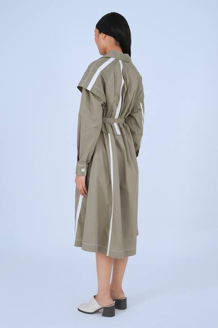 Shop Leh Studios Grey Cotton Collared Metro Broken Tape Pattern Jacket Dress With Belt Online at Aza Fashions Shop_Leh Studios_Grey Cotton Collared Metro Broken Tape Pattern Jacket Dress With Belt _Online_at_Aza_Fashions