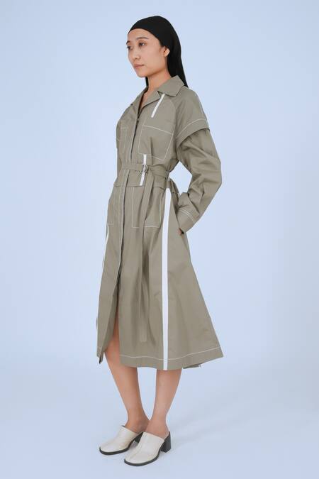 Leh Studios Grey Cotton Collared Metro Broken Tape Pattern Jacket Dress With Belt at Aza Fashions Leh Studios_Grey Cotton Collared Metro Broken Tape Pattern Jacket Dress With Belt _at_Aza_Fashions