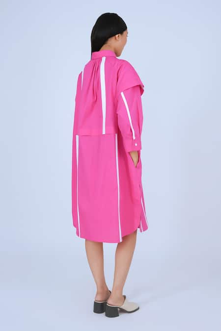 Shop Leh Studios Pink Cotton Collared Metro Tape Fence Dress at Aza Fashions Shop_Leh Studios_Pink Cotton Collared Metro Tape Fence Dress _at_Aza_Fashions