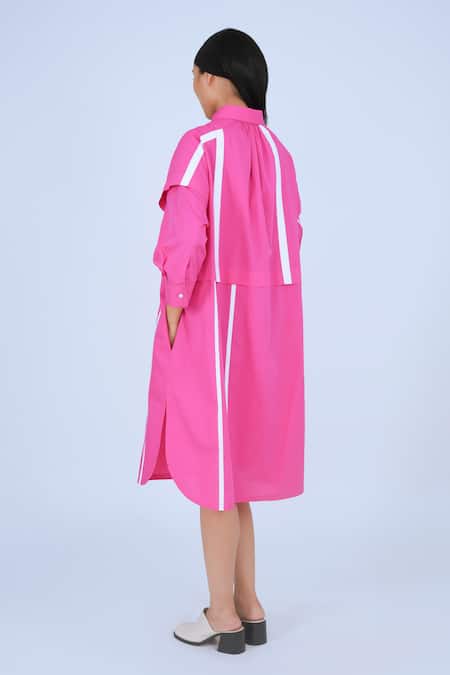 Shop Leh Studios Pink Cotton Collared Metro Tape Fence Dress Online at Aza Fashions Shop_Leh Studios_Pink Cotton Collared Metro Tape Fence Dress _Online_at_Aza_Fashions