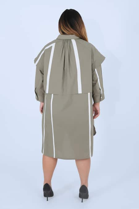 Shop Leh Studios Grey Cotton Collared Metro Tape Fence Midi Shirt Dress at Aza Fashions Shop_Leh Studios_Grey Cotton Collared Metro Tape Fence Midi Shirt Dress _at_Aza_Fashions