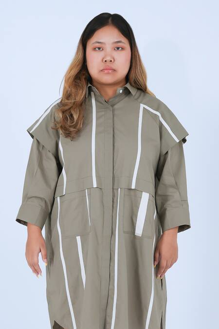 Leh Studios Grey Cotton Collared Metro Tape Fence Midi Shirt Dress Online at Aza Fashions Leh Studios_Grey Cotton Collared Metro Tape Fence Midi Shirt Dress _Online_at_Aza_Fashions