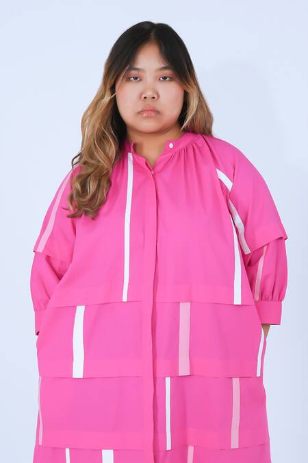 Leh Studios Pink Cotton Mandarin Collar Tape Tourist Raglan Sleeve Midi Dress Online at Aza Fashions Leh Studios_Pink Cotton Mandarin Collar Tape Tourist Raglan Sleeve Midi Dress _Online_at_Aza_Fashions