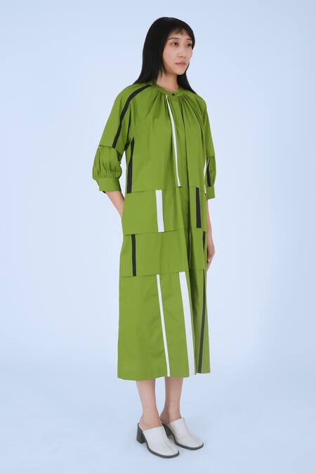 Leh Studios Green Cotton Mandarin Collar Tape Tourist Midi Dress Online at Aza Fashions Leh Studios_Green Cotton Mandarin Collar Tape Tourist Midi Dress _Online_at_Aza_Fashions