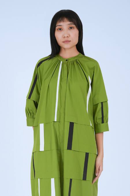 Shop Leh Studios Green Cotton Mandarin Collar Tape Tourist Midi Dress Online at Aza Fashions Shop_Leh Studios_Green Cotton Mandarin Collar Tape Tourist Midi Dress _Online_at_Aza_Fashions