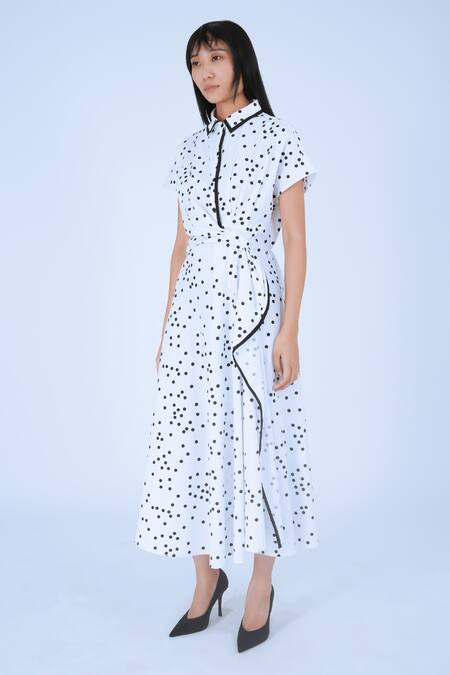 Shop Leh Studios Black Cotton Collared Usu Polka Dot Pattern Midi Dress Online at Aza Fashions Shop_Leh Studios_Black Cotton Collared Usu Polka Dot Pattern Midi Dress _Online_at_Aza_Fashions