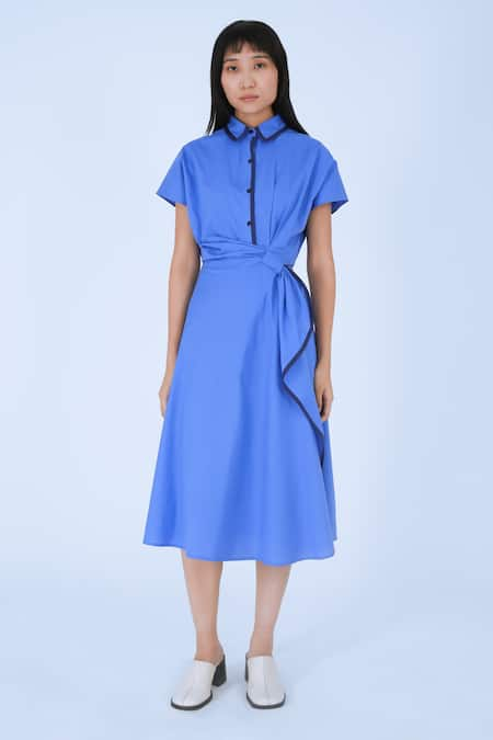 Leh Studios Blue 100% Cotton Collared Midi Dress 