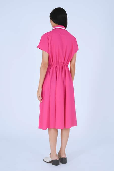 Shop Leh Studios Pink Cotton Collared Draped Midi Dress at Aza Fashions Shop_Leh Studios_Pink Cotton Collared Draped Midi Dress _at_Aza_Fashions