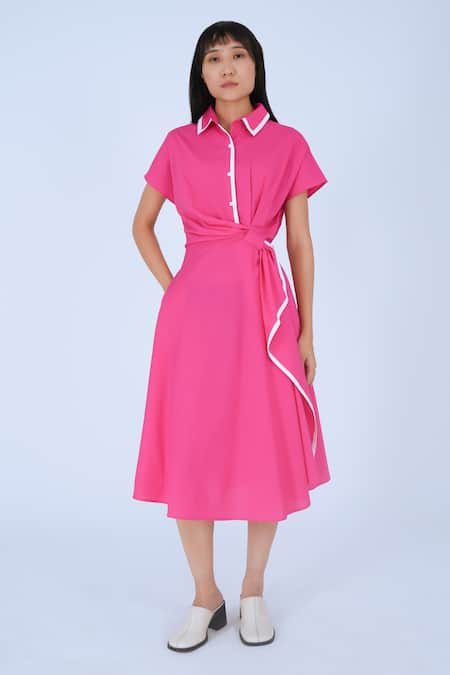 Leh Studios Pink Cotton Collared Draped Midi Dress Online at Aza Fashions Leh Studios_Pink Cotton Collared Draped Midi Dress _Online_at_Aza_Fashions