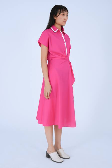 Buy Leh Studios Pink Cotton Collared Draped Midi Dress Online at Aza Fashions Buy_Leh Studios_Pink Cotton Collared Draped Midi Dress _Online_at_Aza_Fashions