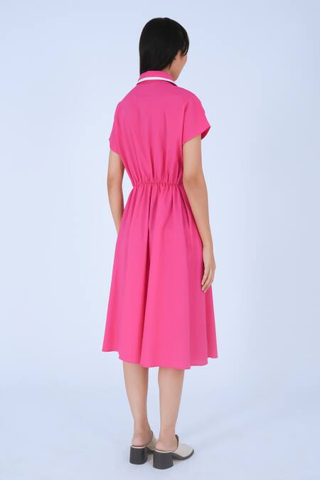 Shop Leh Studios Pink Cotton Collared Draped Midi Dress Online at Aza Fashions Shop_Leh Studios_Pink Cotton Collared Draped Midi Dress _Online_at_Aza_Fashions