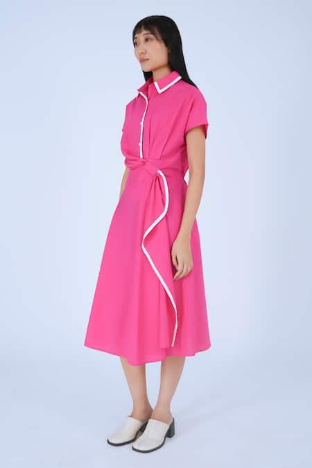 Leh Studios Pink Cotton Collared Draped Midi Dress at Aza Fashions Leh Studios_Pink Cotton Collared Draped Midi Dress _at_Aza_Fashions