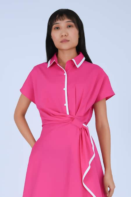 Buy Leh Studios Pink Cotton Collared Draped Midi Dress Buy_Leh Studios_Pink Cotton Collared Draped Midi Dress