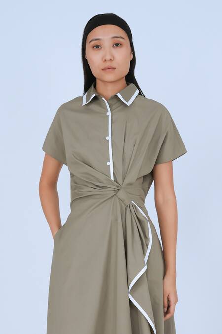 Leh Studios_Brown Cotton Collared Wrap Midi Dress _Online_at_Aza_Fashions