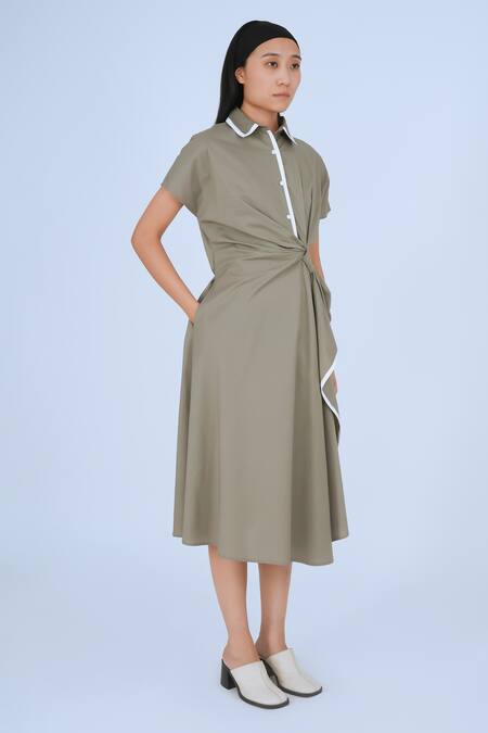 Buy_Leh Studios_Brown Cotton Collared Wrap Midi Dress _Online_at_Aza_Fashions
