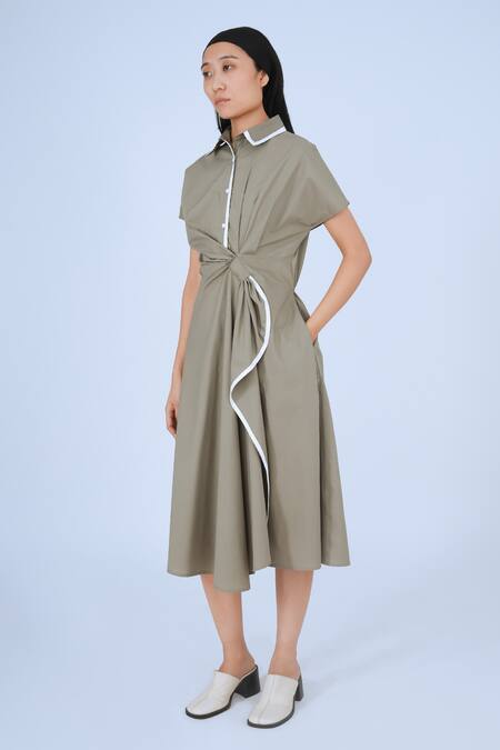 Leh Studios_Brown Cotton Collared Wrap Midi Dress _at_Aza_Fashions