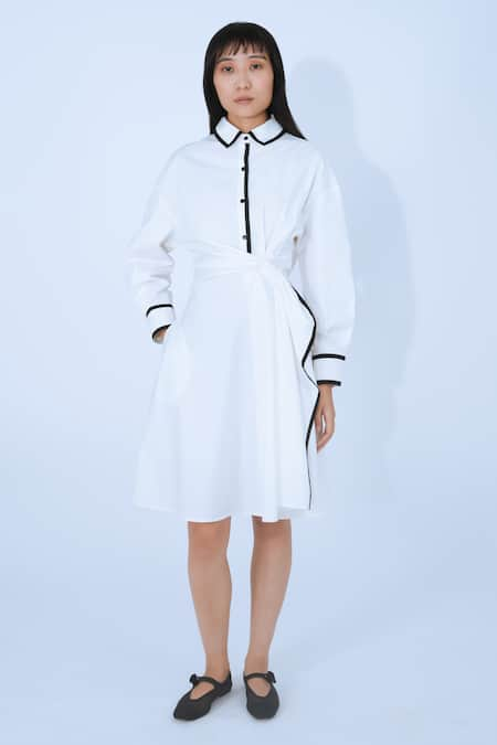 Leh Studios White 100% Cotton Collared Draped Wrap Dress 