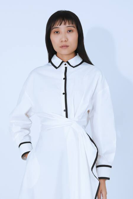 Leh Studios White Cotton Collared Draped Wrap Dress Online at Aza Fashions Leh Studios_White Cotton Collared Draped Wrap Dress _Online_at_Aza_Fashions