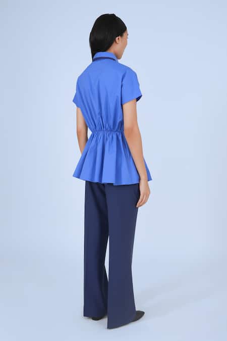 Shop Leh Studios Blue Cotton Collared Asymmetrical Drape Top at Aza Fashions Shop_Leh Studios_Blue Cotton Collared Asymmetrical Drape Top _at_Aza_Fashions