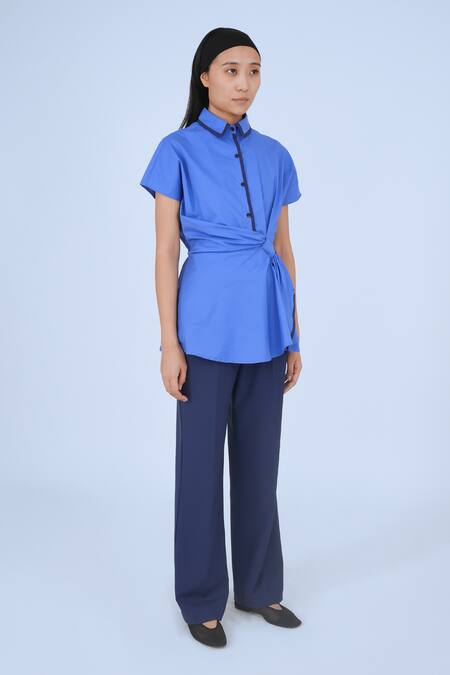 Leh Studios Blue Cotton Collared Asymmetrical Drape Top Online at Aza Fashions Leh Studios_Blue Cotton Collared Asymmetrical Drape Top _Online_at_Aza_Fashions