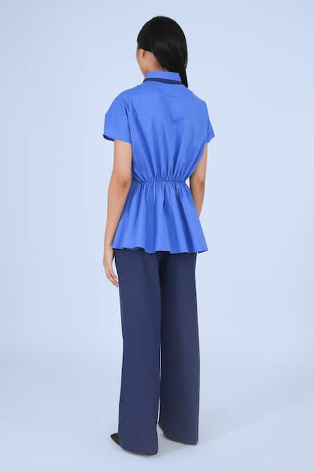 Buy Leh Studios Blue Cotton Collared Asymmetrical Drape Top Online at Aza Fashions Buy_Leh Studios_Blue Cotton Collared Asymmetrical Drape Top _Online_at_Aza_Fashions