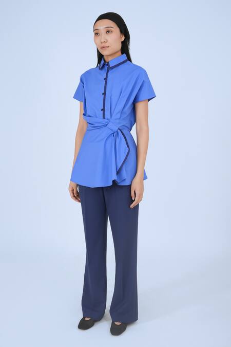 Shop Leh Studios Blue Cotton Collared Asymmetrical Drape Top Online at Aza Fashions Shop_Leh Studios_Blue Cotton Collared Asymmetrical Drape Top _Online_at_Aza_Fashions