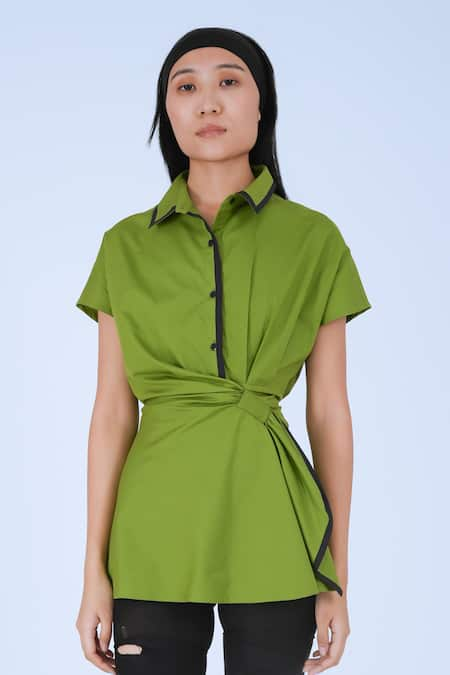 Leh Studios Green 100% Cotton Collared Draped Wrap Top 