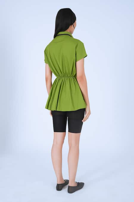 Shop Leh Studios Green Cotton Collared Draped Wrap Top at Aza Fashions Shop_Leh Studios_Green Cotton Collared Draped Wrap Top _at_Aza_Fashions
