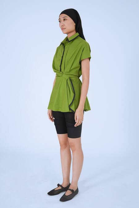 Shop Leh Studios Green Cotton Collared Draped Wrap Top Online at Aza Fashions Shop_Leh Studios_Green Cotton Collared Draped Wrap Top _Online_at_Aza_Fashions