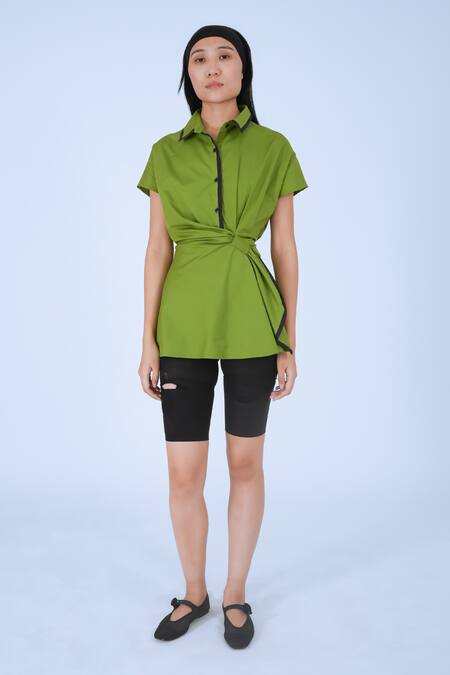 Leh Studios Green Cotton Collared Draped Wrap Top at Aza Fashions Leh Studios_Green Cotton Collared Draped Wrap Top _at_Aza_Fashions