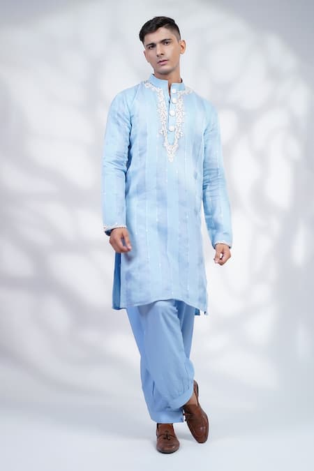 MENERO Blue Cotton Silk Embroidered Anchor Thread Kurta And Pyjama Set 