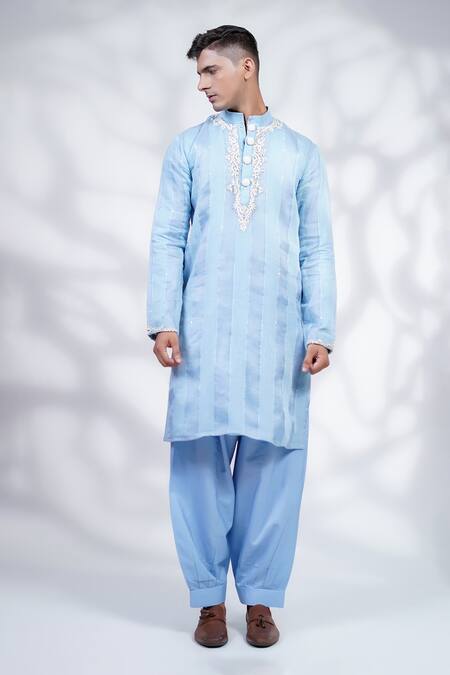 Menero_Blue Organza, , Satin Embroidery, Anchor Threa Kurta And Pyjama Set _Online_at_Aza_Fashions
