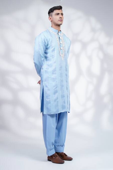 Buy_Menero_Blue Organza, , Satin Embroidery, Anchor Threa Kurta And Pyjama Set _Online_at_Aza_Fashions