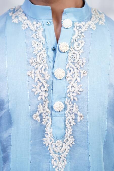 Shop_Menero_Blue Organza, , Satin Embroidery, Anchor Threa Kurta And Pyjama Set _Online_at_Aza_Fashions