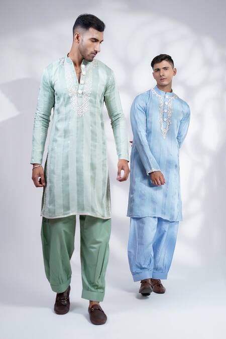 Menero_Blue Organza, , Satin Embroidery, Anchor Threa Kurta And Pyjama Set _at_Aza_Fashions