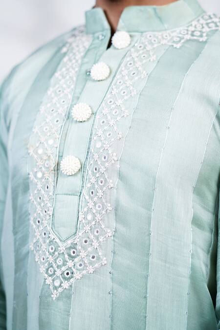 Menero_Green Organza, , Satin Sequins, Pintexed Kurta And Pyjama Set _Online_at_Aza_Fashions