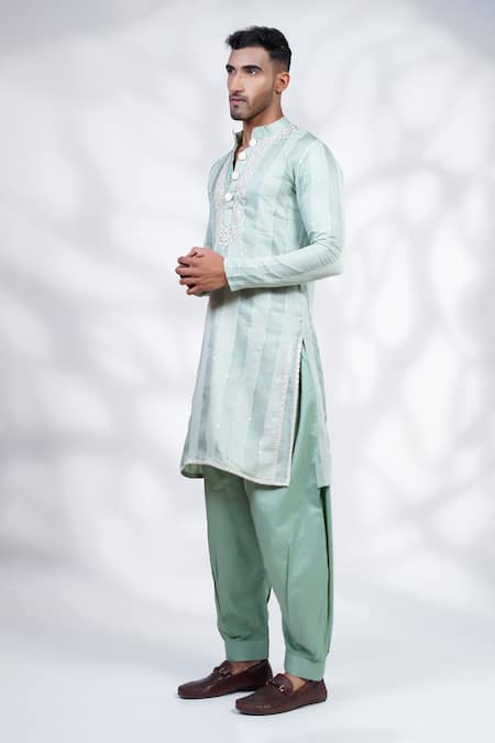 Buy_Menero_Green Organza, , Satin Sequins, Pintexed Kurta And Pyjama Set _Online_at_Aza_Fashions