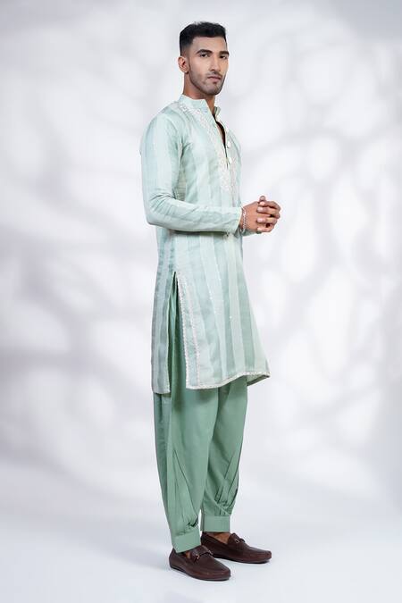 Shop_Menero_Green Organza, , Satin Sequins, Pintexed Kurta And Pyjama Set _Online_at_Aza_Fashions