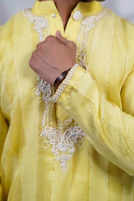 Buy_Menero_Yellow Organza, , Satin Thread Pintexed Kurta And Pyjama Set _Online_at_Aza_Fashions