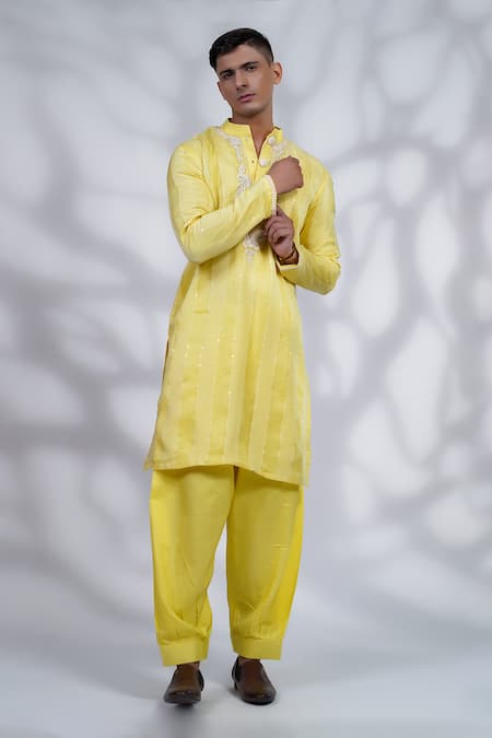 Shop_Menero_Yellow Organza, , Satin Thread Pintexed Kurta And Pyjama Set _Online_at_Aza_Fashions