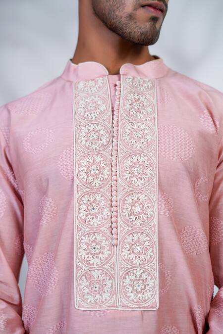 Shop_Menero_Pink Cotton Mirrors, Embroidery Thread Kurta Pant Set _Online_at_Aza_Fashions