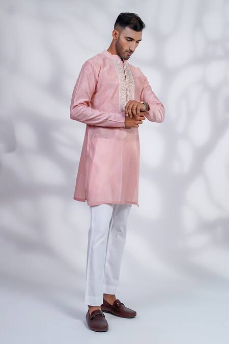 Menero_Pink Cotton Mirrors, Embroidery Thread Kurta Pant Set _at_Aza_Fashions