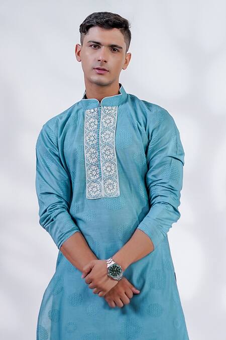 Menero_Blue Cotton Mirrors, Embroidery Kurta And Pant Set _Online_at_Aza_Fashions