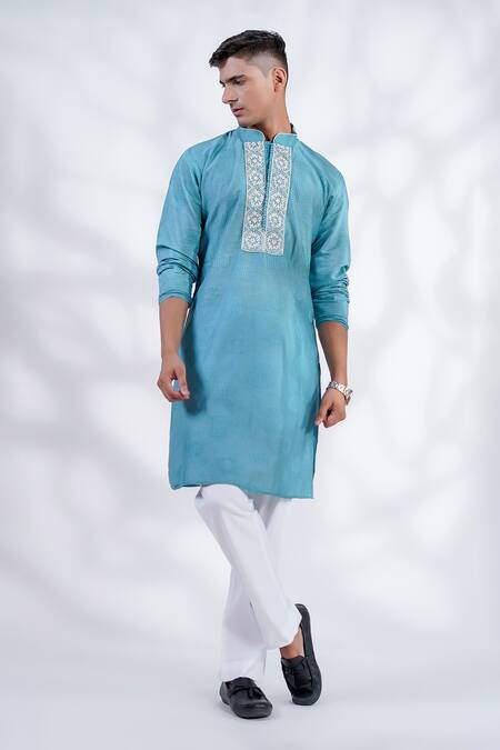 Buy_Menero_Blue Cotton Mirrors, Embroidery Kurta And Pant Set _Online_at_Aza_Fashions