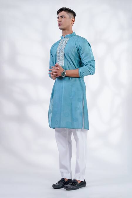 Shop_Menero_Blue Cotton Mirrors, Embroidery Kurta And Pant Set _Online_at_Aza_Fashions