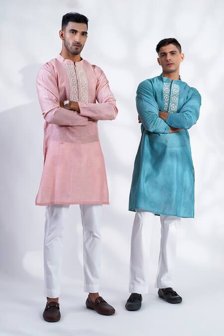 Menero_Blue Cotton Mirrors, Embroidery Kurta And Pant Set _at_Aza_Fashions